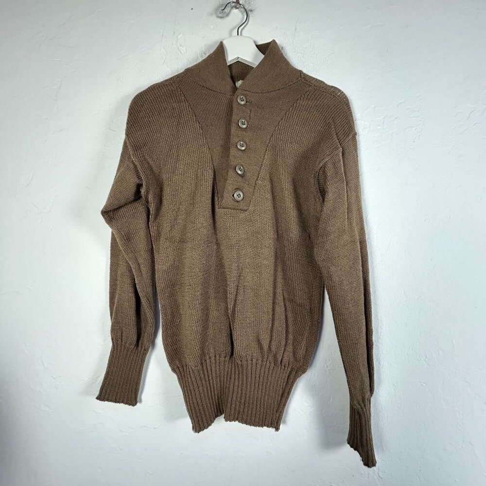 Vintage US Army Mens 5 Button High Neck Wool Sweater Henley Brown Size 38-40